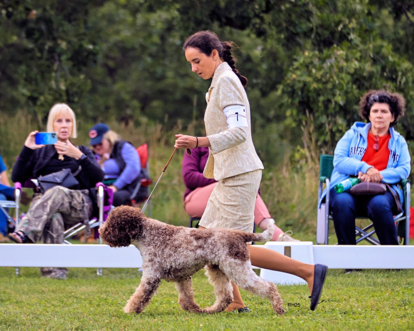 Precisión y naturalidad en el ring Ainhoa presenta a un perro de agua español durante una exposición canina al aire libre. Coordinación, elegancia y precisión